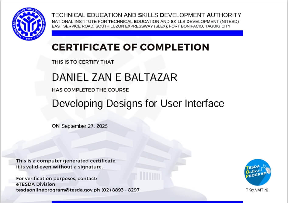 TESDA Certificate of Completion